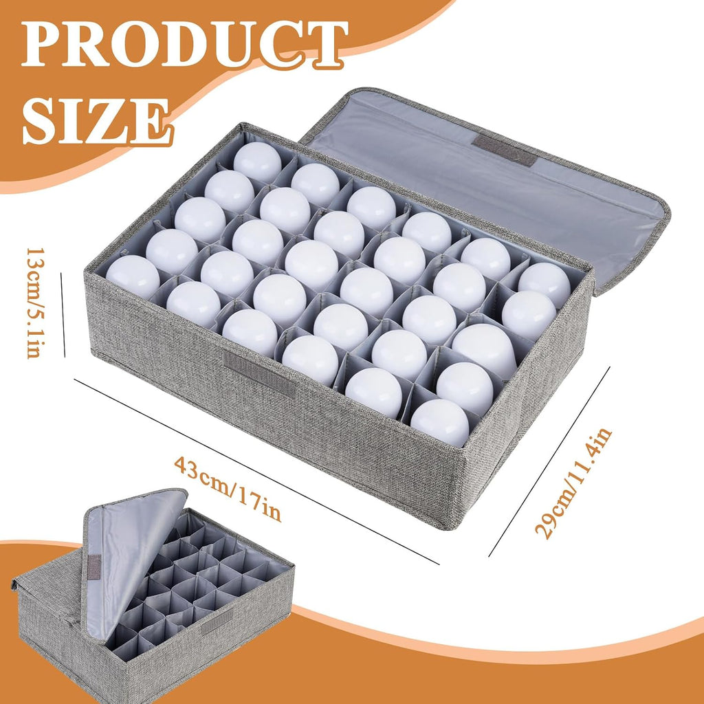 Light Bulb Organizer Storage Box, Ornament Storage with 30 Dividers Foldable Organizer with Lid Sturdy PP Board Fits Various Christmas Light Standard Bulbs Case Box Gray