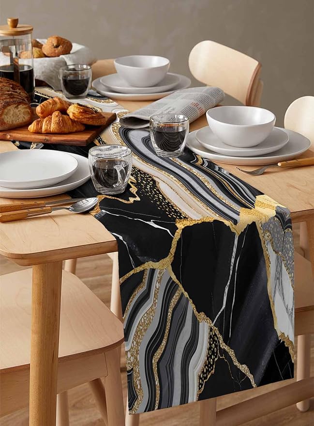Geometric Black Marble Cotton Linen Table Runner for Dining Kitchen, Wedding Outdoor Party Tablerunners Decoration, Farm Marble Liquid Ripple Abstract Dresser Scarf Coffee Tablecloth Runners 13''x48''