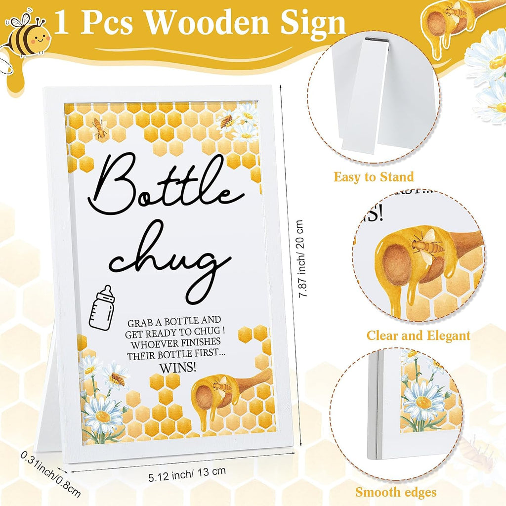 Roowest Bottle Chug Baby Shower Games Favors Including 18 Pcs Bottles with 1 Bottle Chug Wooden Sign for Gender Reveal Baby Shower Party Supplies(Yellow,Bee)