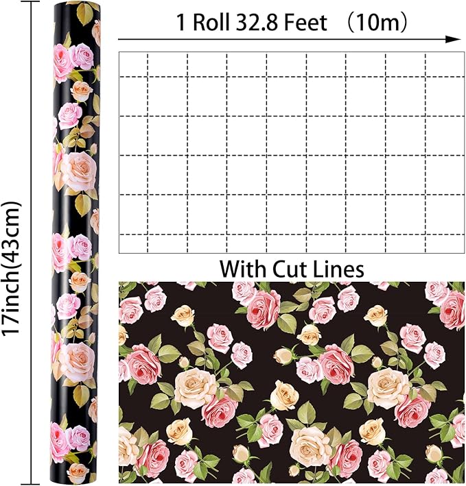 Ulmasinn Floral Wrapping Paper Roll - 17 Inches x 33 Feet - Vintage Romantic Pink Rose Flower Gift Wrap with Cut Lines for Wedding, Birthday, Bridal Shower, Mother’s Day