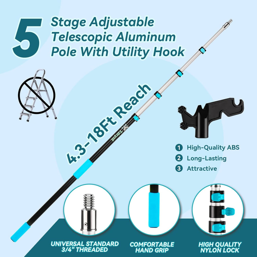 4.3–18 FT 5-Stage Telescopic Christmas Light Pole with Hook | Lightweight & Sturdy Extension Pole for Hanging String Lights, Holiday Lights, Birdfeeders | Ladderless High Reach Installation Tool