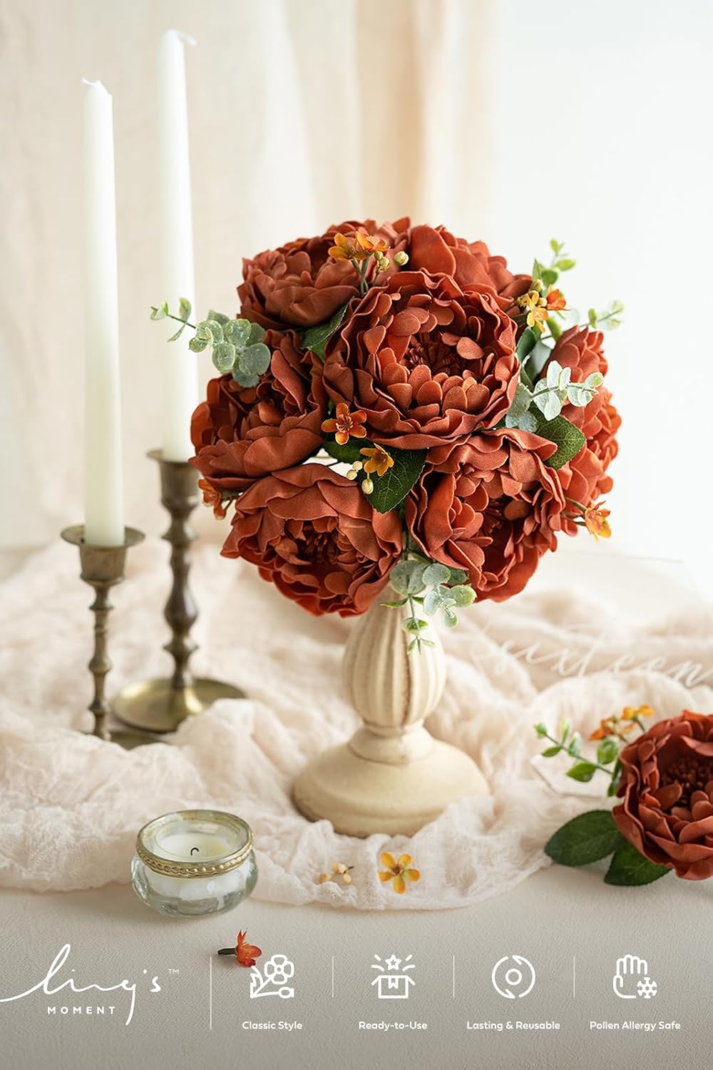 Ling's moment Burnt Orange Artificial Peony Flowers with Stems, 16 pcs
