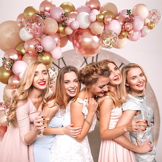 Rose Gold Balloon Garland Arch Kit, 140Pcs Nude Pastel Pink Metallic Gold White Balloons Gold and Rose Gold Confetti Balloons with Heart Foil Balloon for Wedding Bridal Birthday Party Decorations
