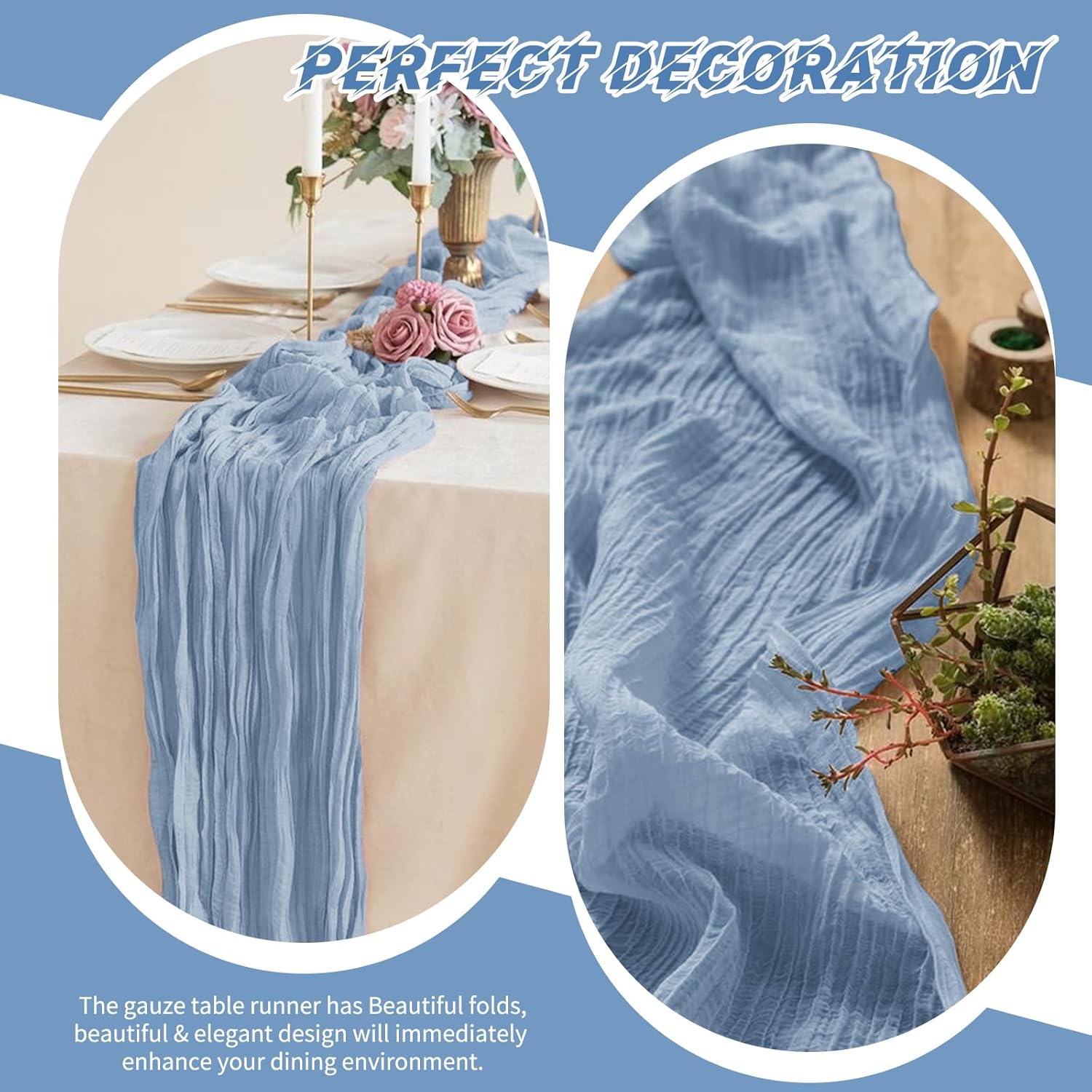10 Pack Dusty Blue Cheesecloth Table Runner 17x108 Inch Boho Gauze Cheese Cloth Table Runners for Wedding Party Baby Shower Birthday Home Decor