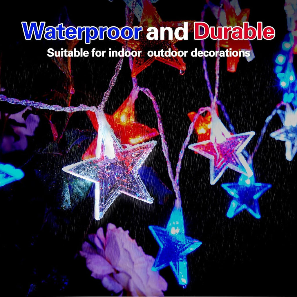 Dirnun 4th of July Decorations Red White and Blue Lights with 40 Led Big Stars, 4th of July Lights for Indoor Outdoor Home Garden Golf Cart Patriotic Theme Memorial Independence Day Decorations