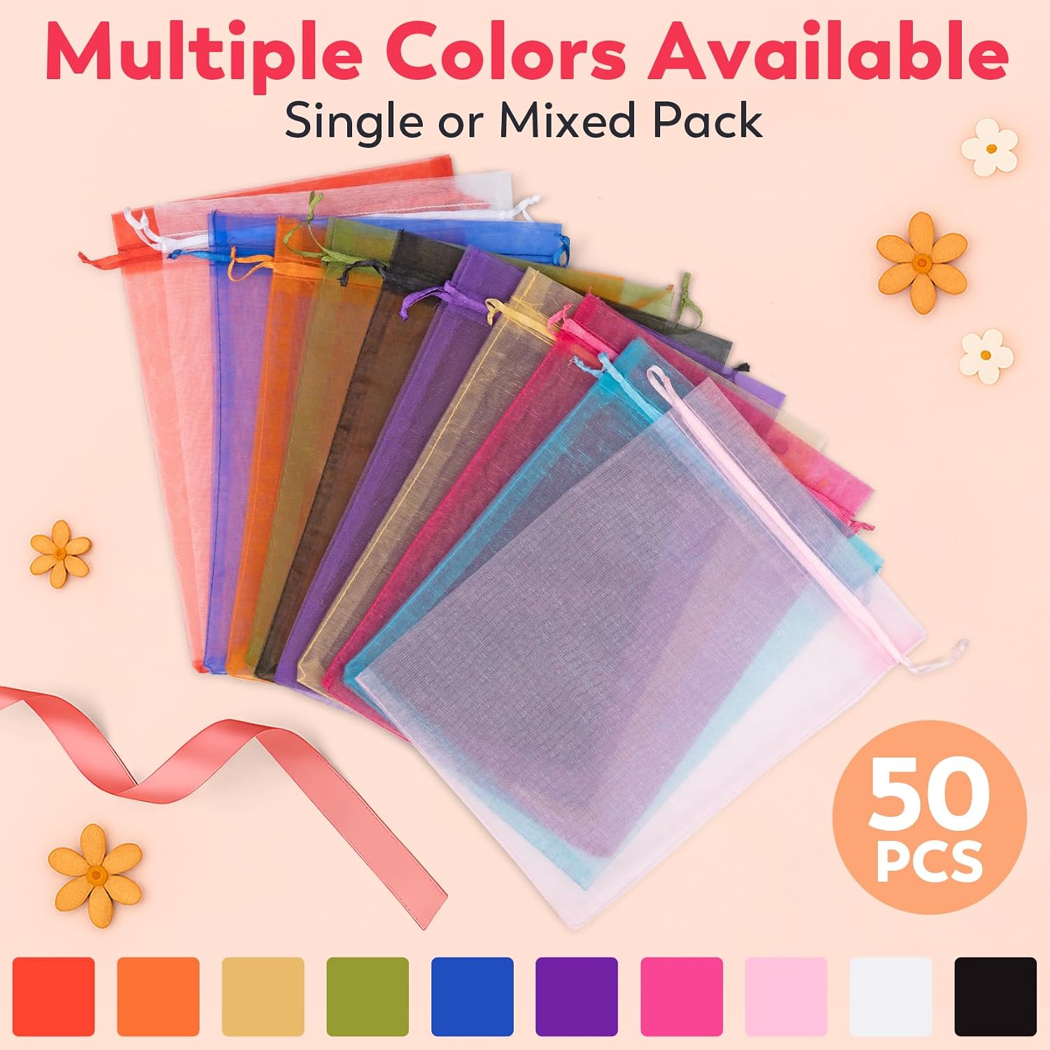 Crweety 50 Pcs White Organza Bags 6x9 Inches, Large Mesh Gift Bags Drawstring, Jewelry Pouches Candy Treat Sachet Mesh Bag Drawstring for Wedding Party Favors Baby Shower & Goodie Gifts