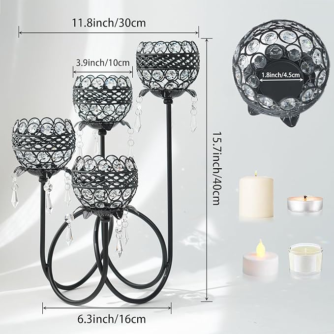 4 Arms Crystal Candelabra Tealight Holder - Tall 15.7 Inch Elegant Centerpiece with Crystal Pendant Bowls & Artistic Metal Stand for Wedding, Dining Table, Home Decor (1, Black)
