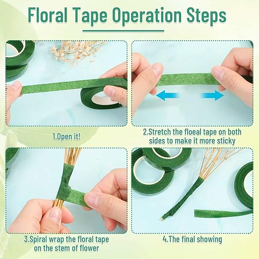 PAXCOO Floral Tape and Wire, Florist Tape and Flower Wire Arrangement Kit with White Ribbon, Boutonniere Pin, Wire Cutter for Bouquets, Crafts, Wreath Making (Dark Green)