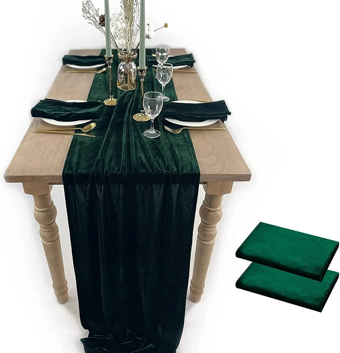 Luxurious Velvet Table Runner, 10ft Wedding Reception Decorations, 20x120inch Soft Velvet Fabric, Table Linen Overlay, Wedding Table Runners (Emerald Green, 20X120inch, 2pack)