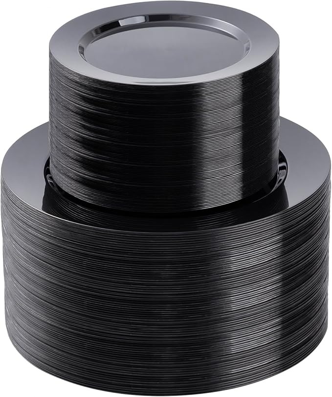 200PCS Black Plastic Plates Set, 100 10.25 inch Dinner Plates and 100 7.5 inch Dessert Plates, Premium Disposable Plates for Party, Wedding,Halloween