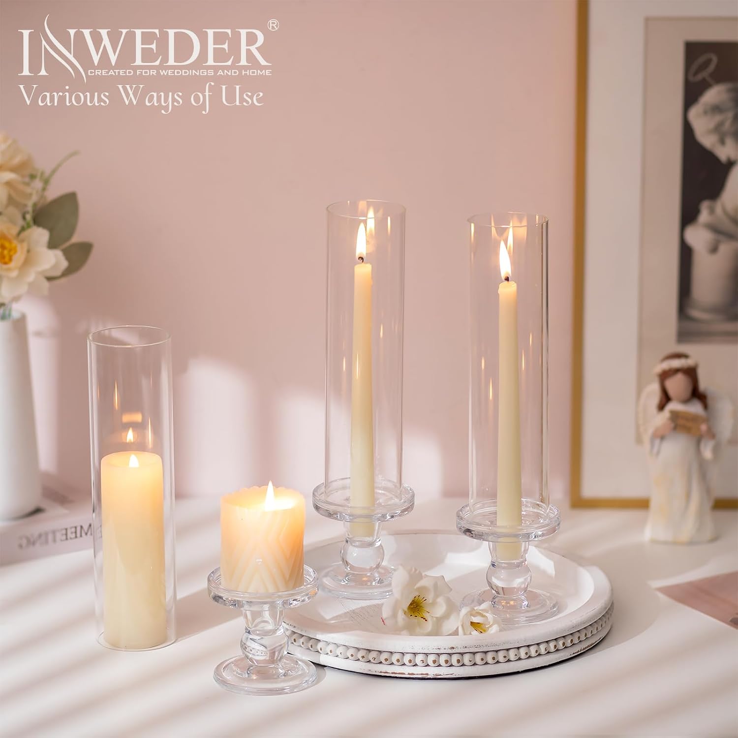 Hurricane Glass Taper Candle Holder: 2Pcs Tall Hurricane Candle Holder for Home Clear Tapered Candlestick Holders with Open Ended Glass Sleeve Candle Stick Holder for Table Centerpieces