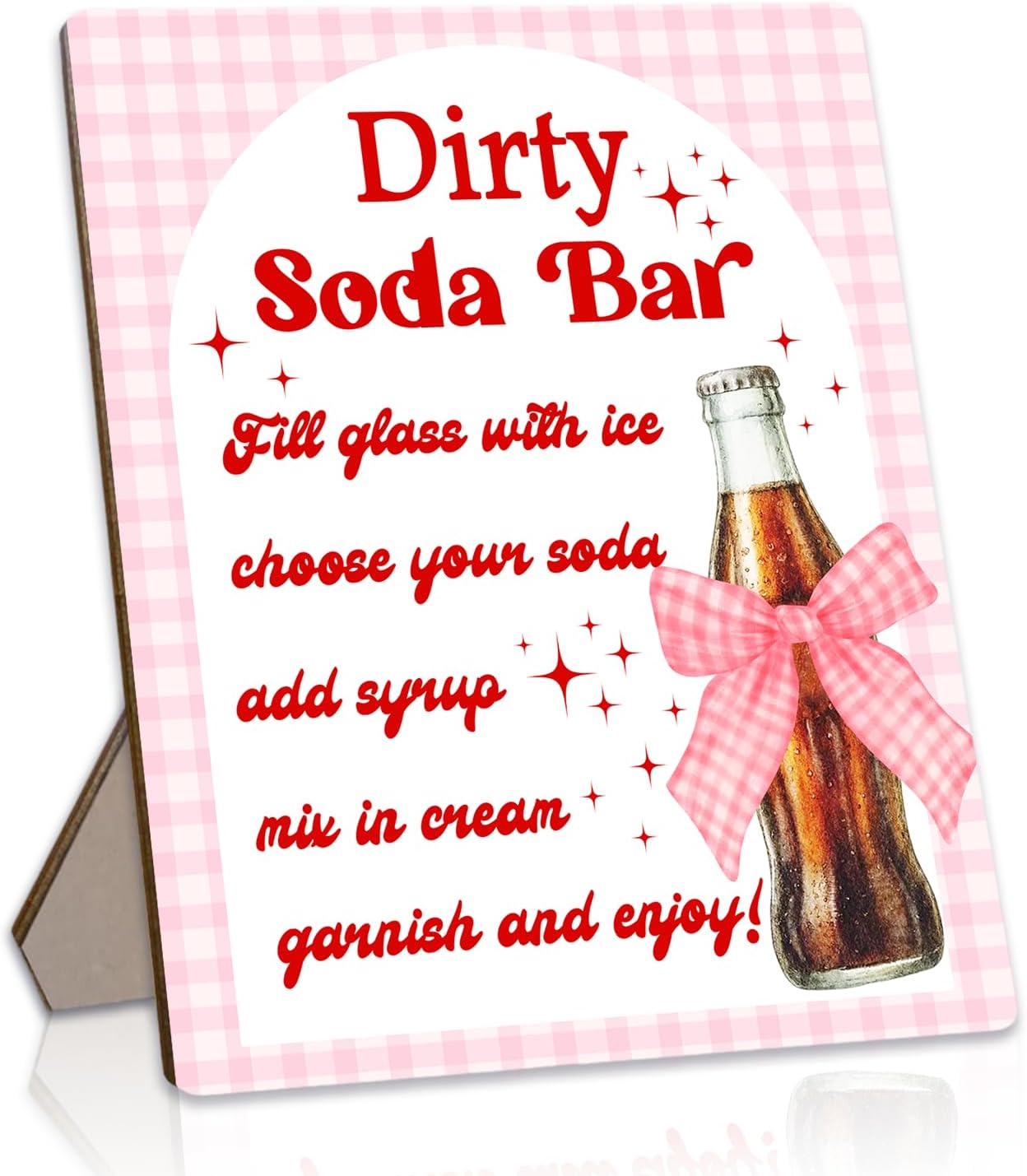 Dirty Soda Bar Sign for Baby Shower or Wedding Party- She's Ready to Pop Soda Bar Instructions and Menu, Pink Bow Wooden Party Sign for Gender Reveal, Bridal Shower Tabletop Decor, 8x10 Inch