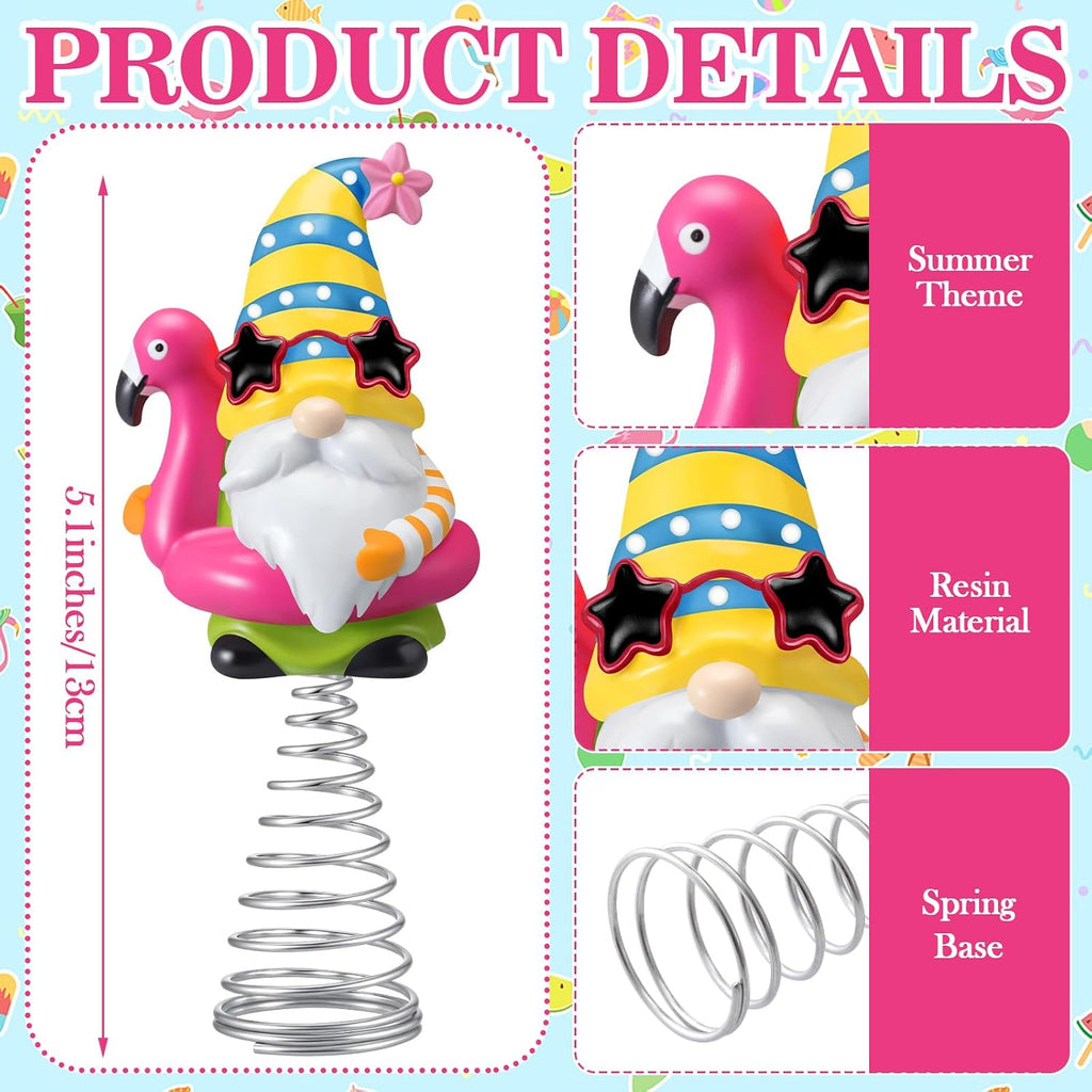 Gejoy Summer Flamingo Gnome Mini Tree Topper 5.1 Inch Tropical Beach Gnome with Spring Base, Mini Summer Tree Top Decorations for Luau Hawaiian Party Tiered Tray Tabletop Decor