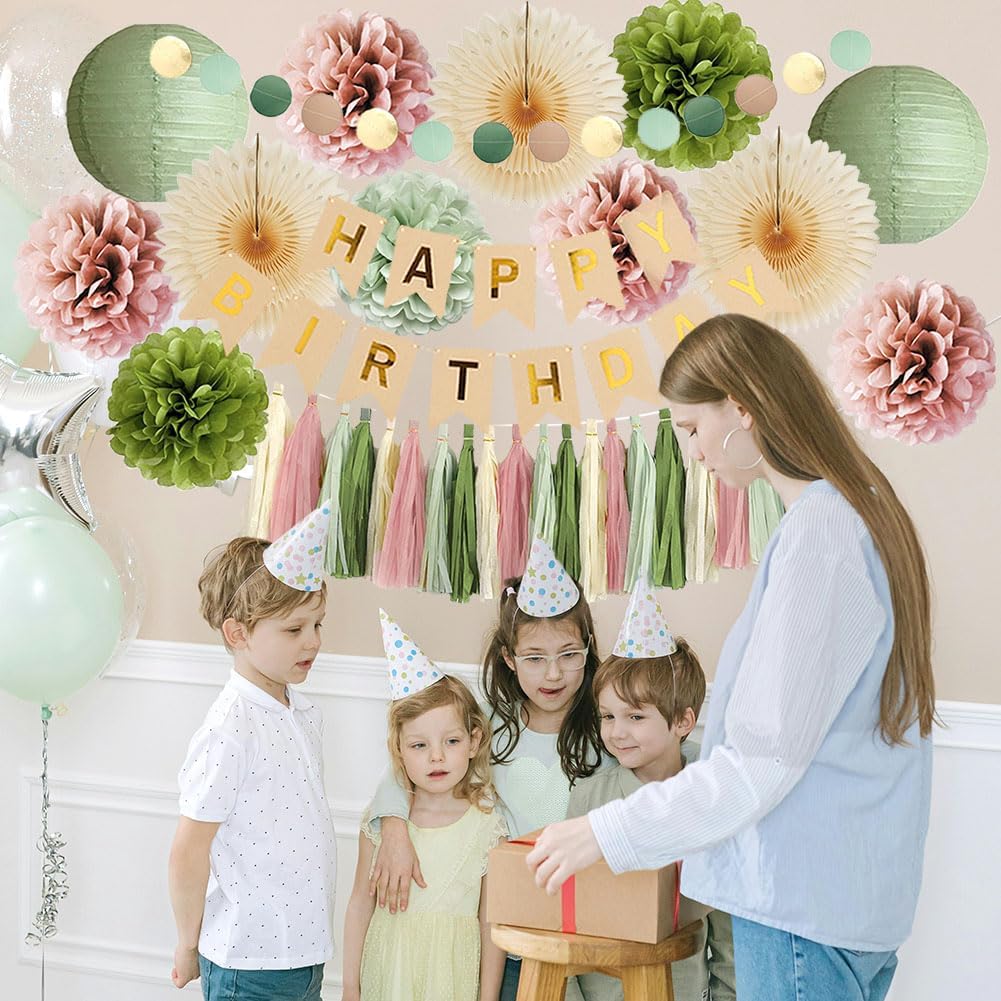 Olive Green and Pink Birthday Decorations Sage Green and Dusty Pink Birthday Decorations Dusty Rose Pom Poms Boho Sage Green Birthday Party Decorations with Green Pink Tassel Garland for Women Girls