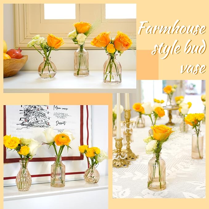 Champagne Bud Vases in Bulk 24 Packs Amber Glass Vase for Decor Centerpieces, Small Ribbed Vases for Flowers Stripe Modern Bud Vases Vintage Vases for Floral Wedding Party Table Decoration Home Decor
