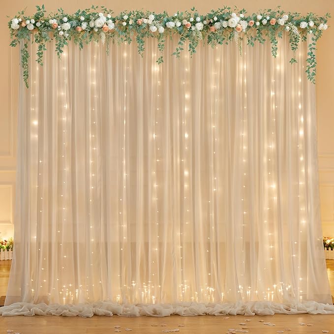 10ft x 7ft Champagne Chiffon Backdrop Curtain with Lights String for Parites Wedding Wrinkle Free Curtain Photo Backdrops Drapes for Baby Shower Birthday Party Home Decorations