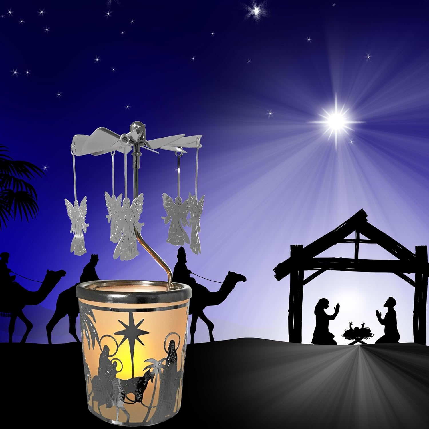 Spinning Angels Christmas Candle Holder - Holy Family Scene - Scandinavian Style -Measures 6.25" x 2.5" and Includes a Smokeless Candle.