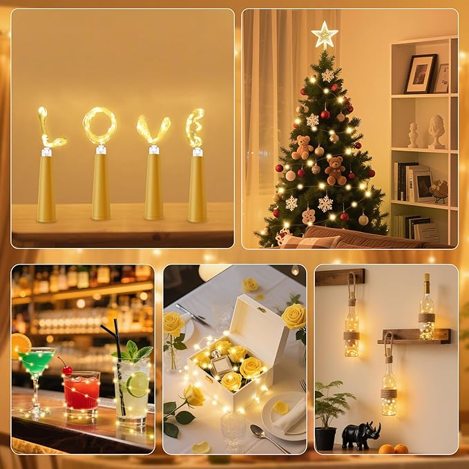 PChero USB Rechargeable Wine Bottle Lights with Cork & Remote Timer, 6 Pack 20 LED 6.6 ft Fairy String Lights for DIY Party Wedding Christmas Halloween Festival Bar Decoration