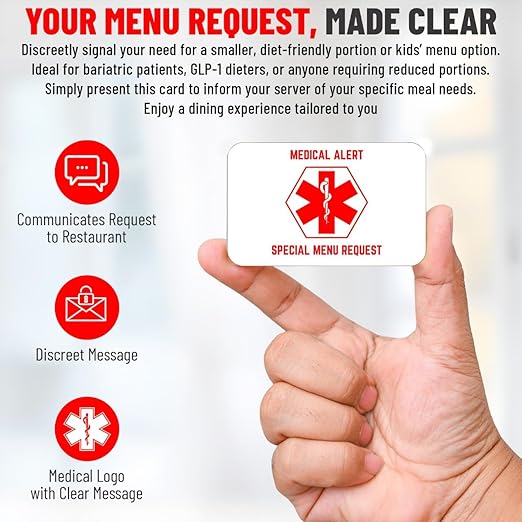 Bariatric Card for Restaurants, Special Menu Request Card, Portion Control Restaurant Request for Bariatric or Gastric Sleeve Patients, Wallet Sized, Set of 2 Cards (2, White, 3.375in x 2.125in)