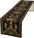 Viking Tree of Life Abstract Table Runner for Living Room Home Party Coffee Dining Party Wedding Golden Black Celtic Style Geometric Dragon Boat Rudder Ancient Script Table Runner 13x60 Inch