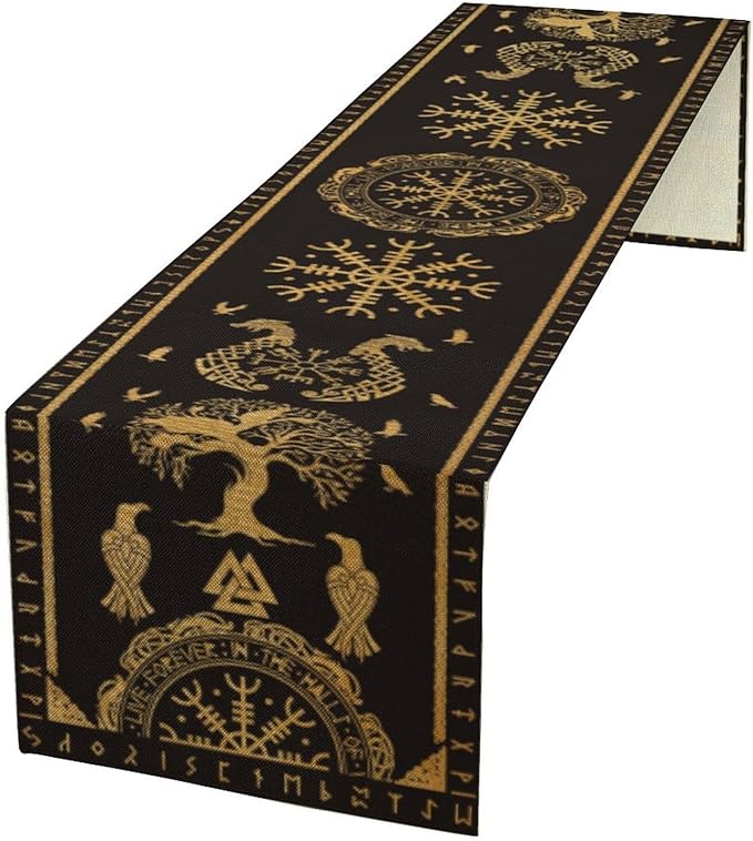 Viking Tree of Life Abstract Table Runner for Living Room Home Party Coffee Dining Party Wedding Golden Black Celtic Style Geometric Dragon Boat Rudder Ancient Script Table Runner 13x120 Inch