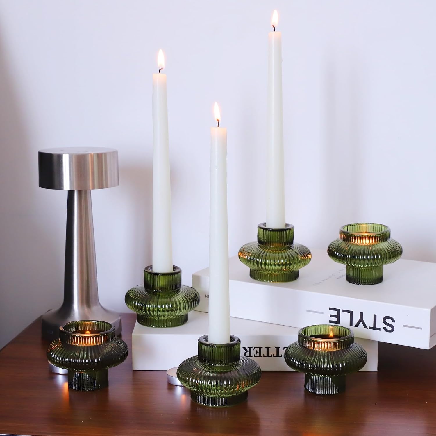 VOHO Green Candle Holder Decor for Dining Table Centerpiece, Ribbed Taper Candle Holders Versatile for Candle Sticks and Tea Lights Candles, Holiday Candlestick Holders Gifts for Friends(Set of 6)