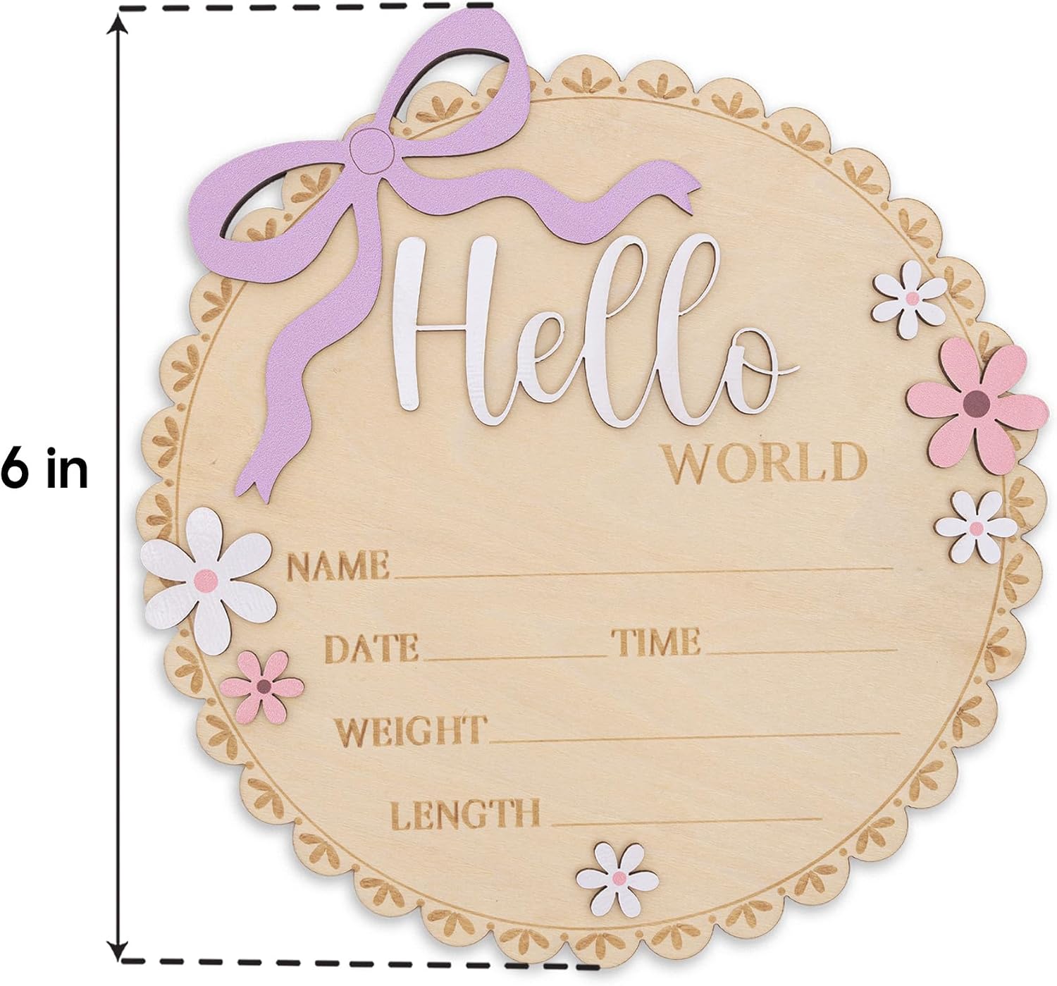 Hello World Wooden Baby Birth Announcement Sign, Pink Floral Newborn Name Date Time Weight Length Board, Baby Girl Nursery Decor Photo Prop Keepsake (Light purple ribbon)
