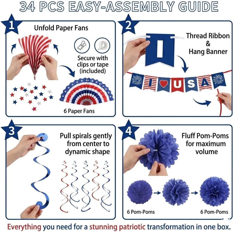 34PCS 4th of July Decorations Patriotic Decorations Love USA Banner Red White Blue Paper Fans, Star Streamer, Pom Poms, Hanging Swirls for Memorial Day Veterans Labor Presidents Flag
