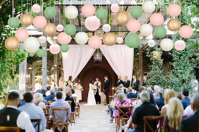 Sage Green Pink Paper Lanterns Decorative 12pcs Wedding Hanging Decorations for Bridal Shower Birthday Rustic Party Neutral Baby Shower Sage Green Home Decor