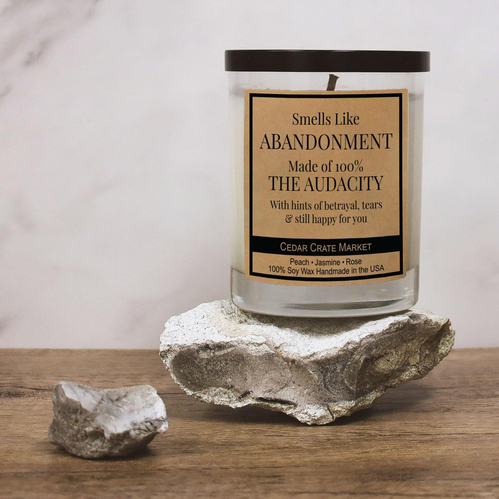 Cedar Crate Market Smells Like Abandonment 13.5 oz Soy Wax Scented Candle with Funny Farewell Message | Goodbye Gift for Coworkers, Retirement, Moving Away - Made in USA