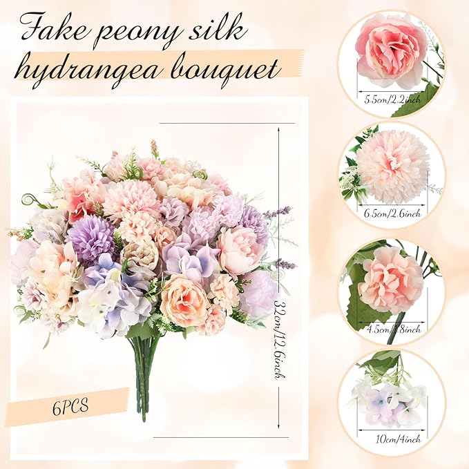 Tigeen Artificial Flowers Artificial Peonies Silk Flowers Faux Peony Fake Peony Silk Hydrangea Bouquet for Wedding Table Centerpiece Floral Vase Decor(Purple,Pink,6 Bundles)
