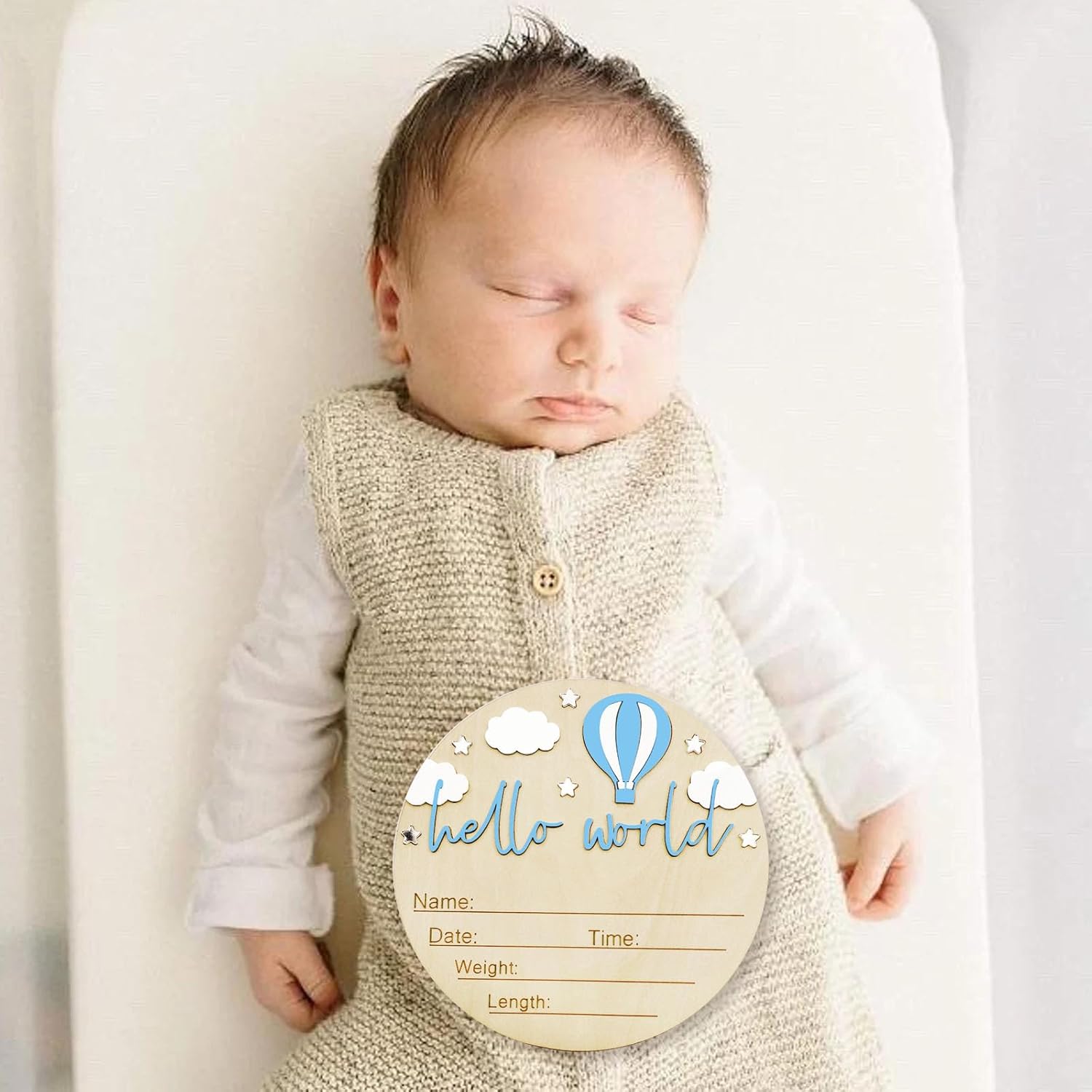 Baby Announcement Sign, 5.9 Inch Wooden Hello World Newborn Signs, Birth Announcement Sign and Pen, Hot Air Balloon and White Cloud Decoration, Welcome Newborn Arrival to World (Blue)