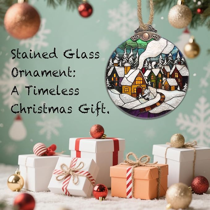 Stained Glass Christmas Decorations, Winter Snow Cabin Suncatcher for Window Christmas Tree Hanging Ornaments Retro White Sun Catcher Xmas Decor Gifts for Women Men Mom Nana Friend
