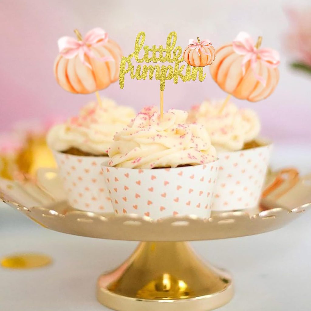 24 Pcs Pumpkin Cupcake Toppers, Thanksgiving Birthday Baby Shower Bow Fall Theme Party Decorations Gender Reveal Supplies (bow pink)