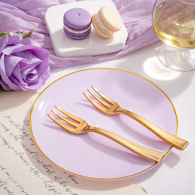 Festiva 200Pcs Purple Gold Dessert Plates 6.3" with Plastic Forks 5"- Disposable Lavender Purple Cake/Appetizer/Salad Plates - serve 100 guests for Party&Wedding&Easter