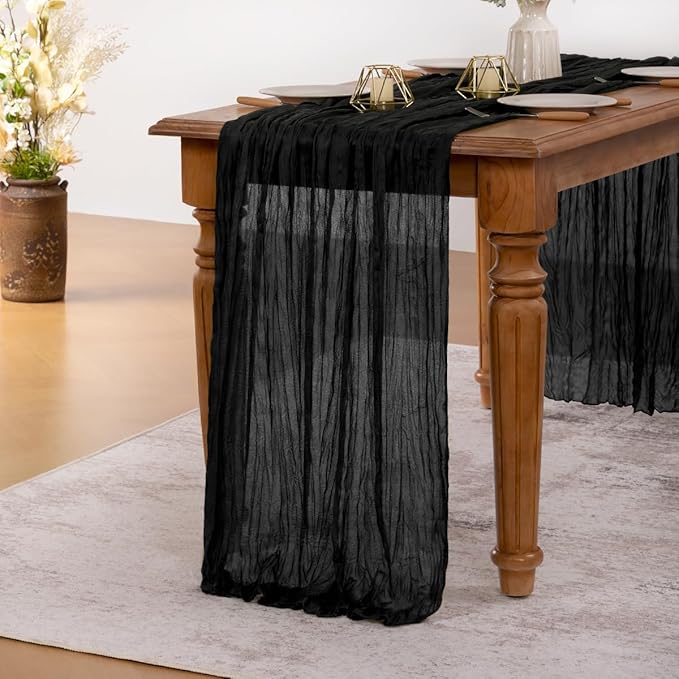 MLMW 6 Pack Halloween Table Runner Cheesecloth Black Boho Gauze Cheese Cloth 160 inch Rustic Sheer Table Runner 13.3ft for Party Wedding Baby Bridal Shower Birthday