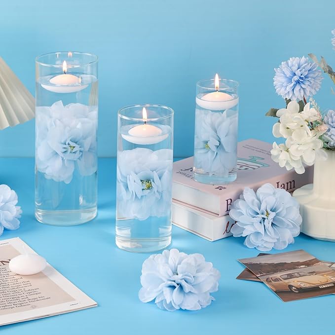 24 Pcs Floating Candles for Centerpieces and Floating Flowers Vase Fillers for Centerpieces Artificial Blue Flowers for Wedding Party Home Table Decoration