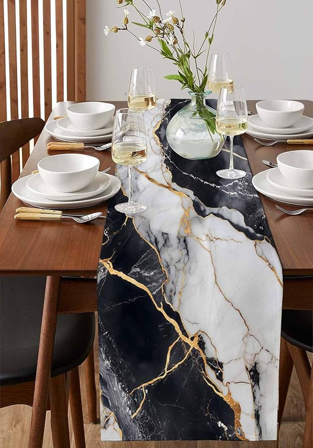 Black White Marble Cotton Linen Table Runner for Dining Kitchen, Wedding Outdoor Party Tablerunners Decoration, Nature Marble Crack Modern Art Dresser Scarf Coffee Tablecloth Runners 13x90 Inches