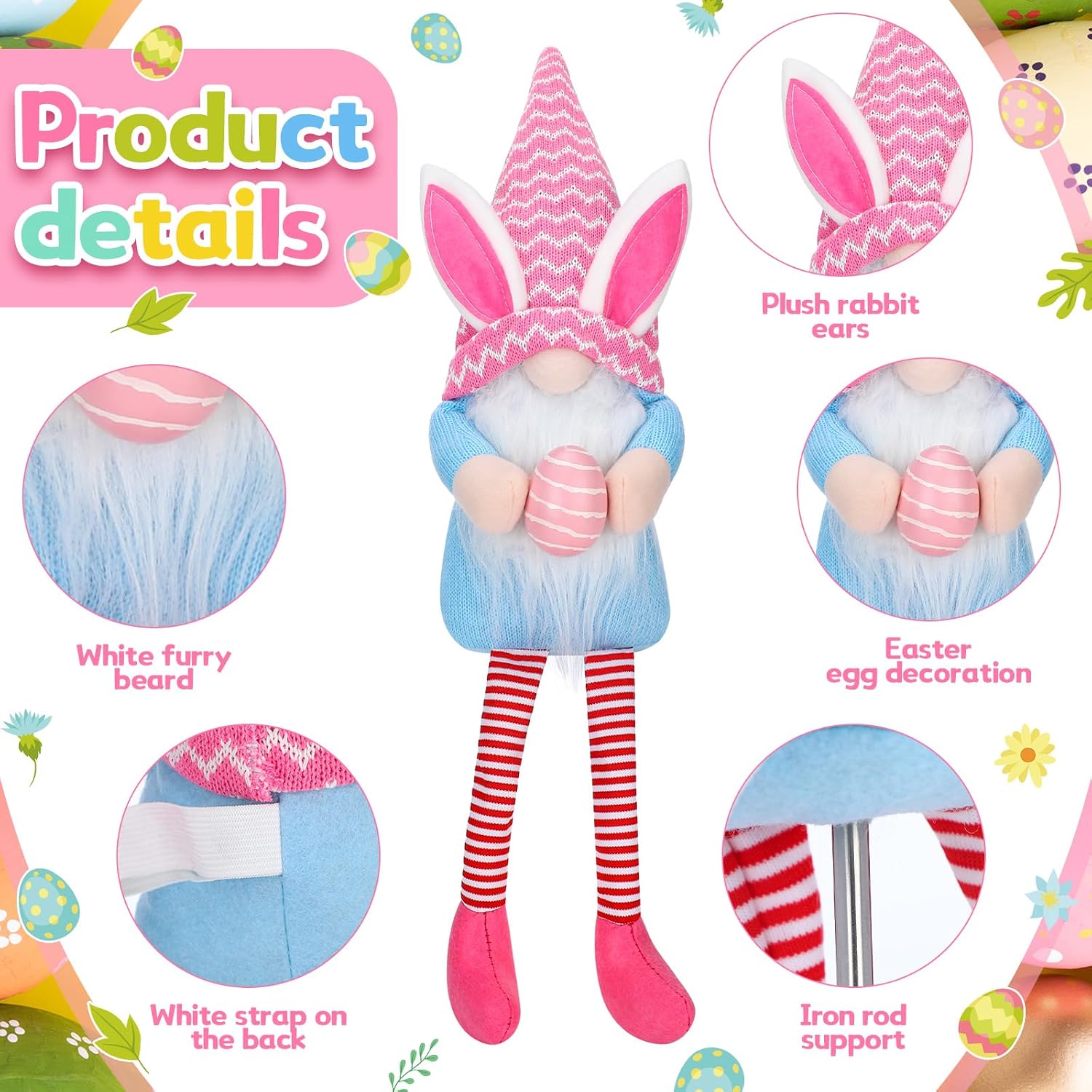 VitalCozy Easter Tree Topper 24 Inch Large Plush Gnomes Tree Ornaments Swedish Party Decoration Supplies with High Hat Legs Bunny Rabbits Ear for Home Fireplace Table Holidays Presents
