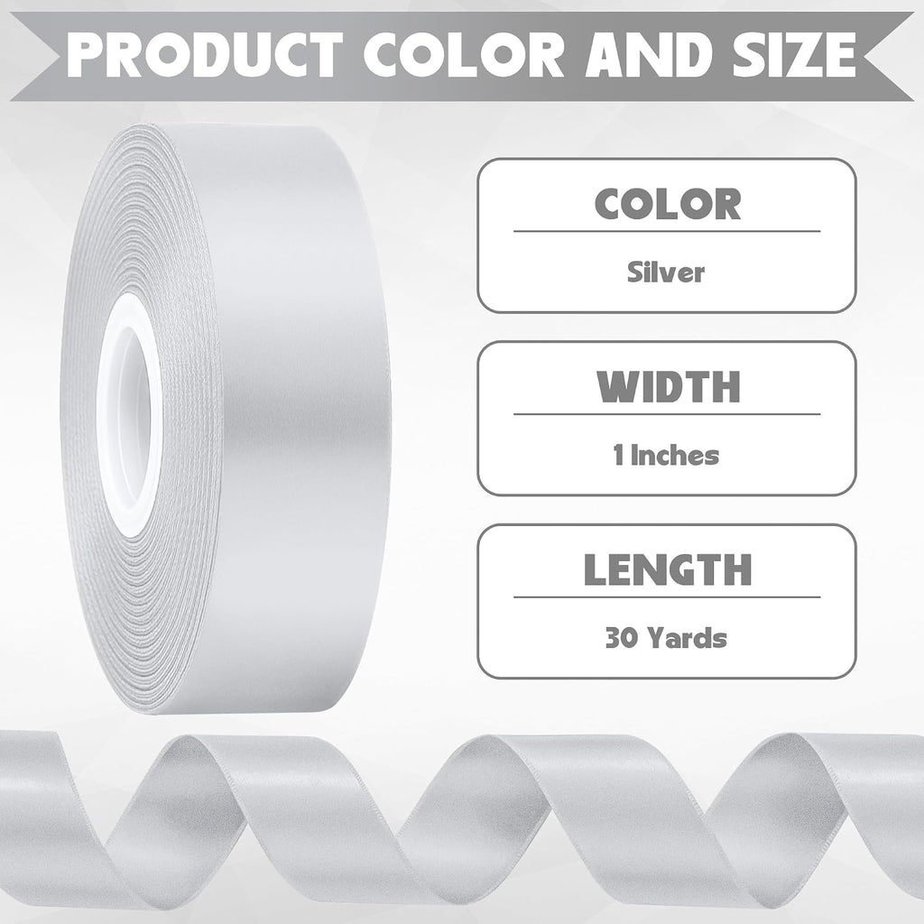 1In 30Yards Silver Satin Ribbon for Flower Bouquet Christmas Wedding Party | Metallic Glossy, Wear Resistant, Easy Cut, Soft Thick Polyester, Double Stitched Edges, for Bouquets, Lei Making and Crafts