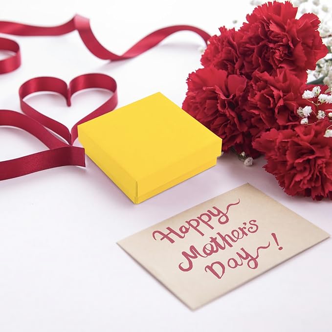 Gift Box Necklace Earring Ring Set, 12 Pieces Square Cardboard Jewelry Boxes, Cotton Filled Paper Case (3.5x3.5x1.25 Inches) (Yellow)