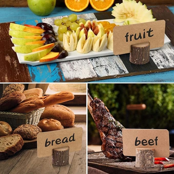 10Pcs Wood Place Card Holder Rustic Wood Table Numbers Holder with 20Pcs Kraft Table Place Cards Party Wedding Table Name Card Holder Memo Note Card