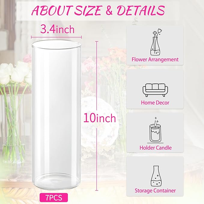 7pcs Glass Cylinder Vases for Centerpieces - 10 Inch Tall Glass Vases for Flower, Clear Flower Vase Bulk Floating Candle Vase for Table Centerpiece Wedding Home Décor