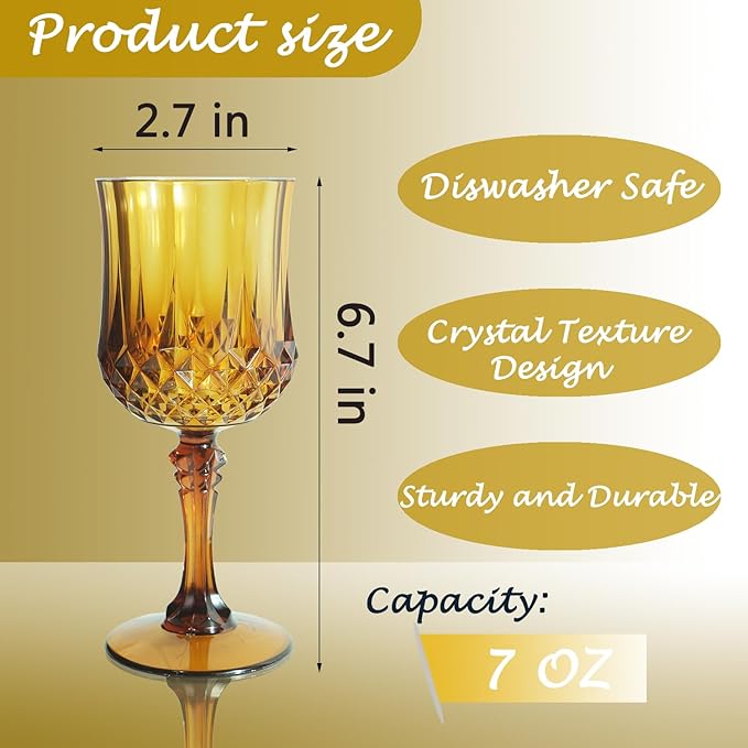 Plastic Wine Glasses，Plastic Goblets Vintage Style Cordial Drinking Glasses for Wedding Reception, Grand Event Party Supplies (48, Amber)