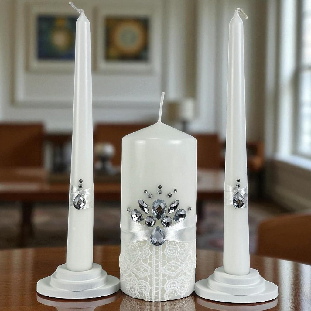 Unity Candle Set - Wedding Ceremony & Reception – 6” Pillar & Two 10” Taper Candles – Long Burning Unity Candles for Marriage Ritual – Handmade in USA – White|Cristal|Lace