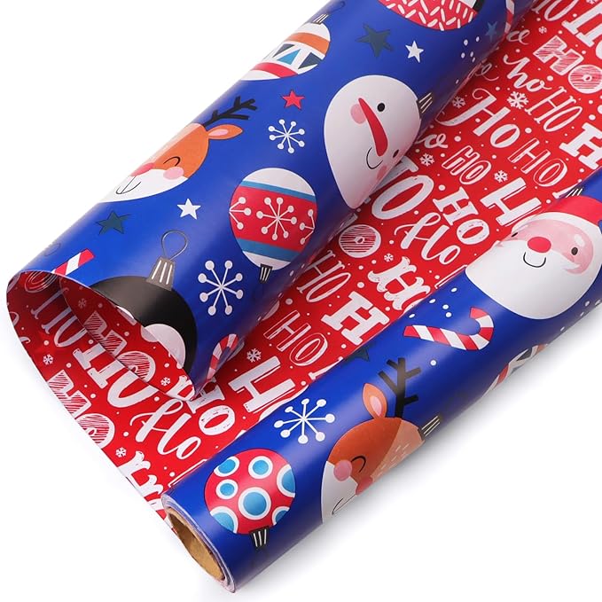 Ribbli Blue Christmas Wrapping Paper Reversible Cute Christmas elements Gift Wrapping Paper Rolls for Kids Holiday Presents Decoration-17 Inch x 33 Feet