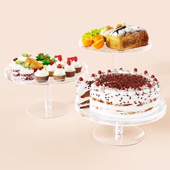 Acrylic Cupcake Stand, Clear Dessert Dessert Table Display Set, Cupcake Tower Holder Display with Base for Wedding, Party, Baby Shower, 3 Set Round, Transparent