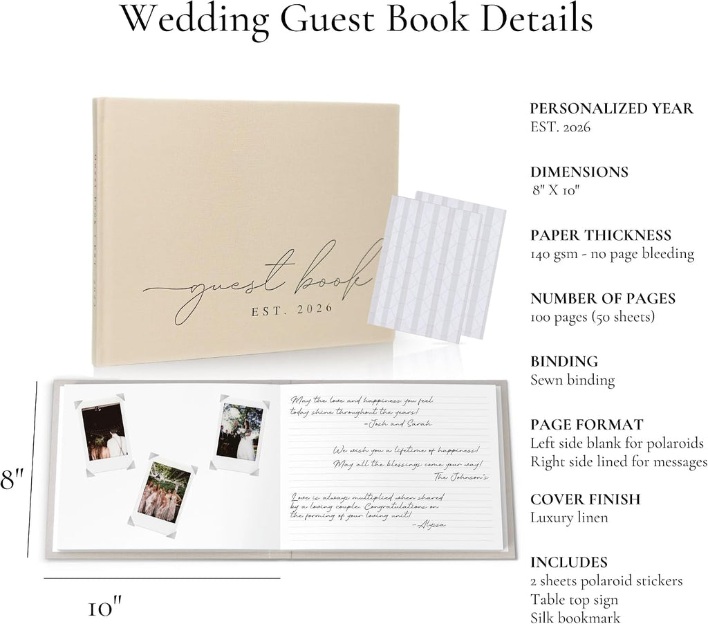 Wedding Guest Book With Personalized 2026 Year - Linen Photo Guestbook to Sign at Reception Party - Includes Clear Photo Corners Self Adhesive - 100 Pages Blank and Lined Thick Paper Guest Books