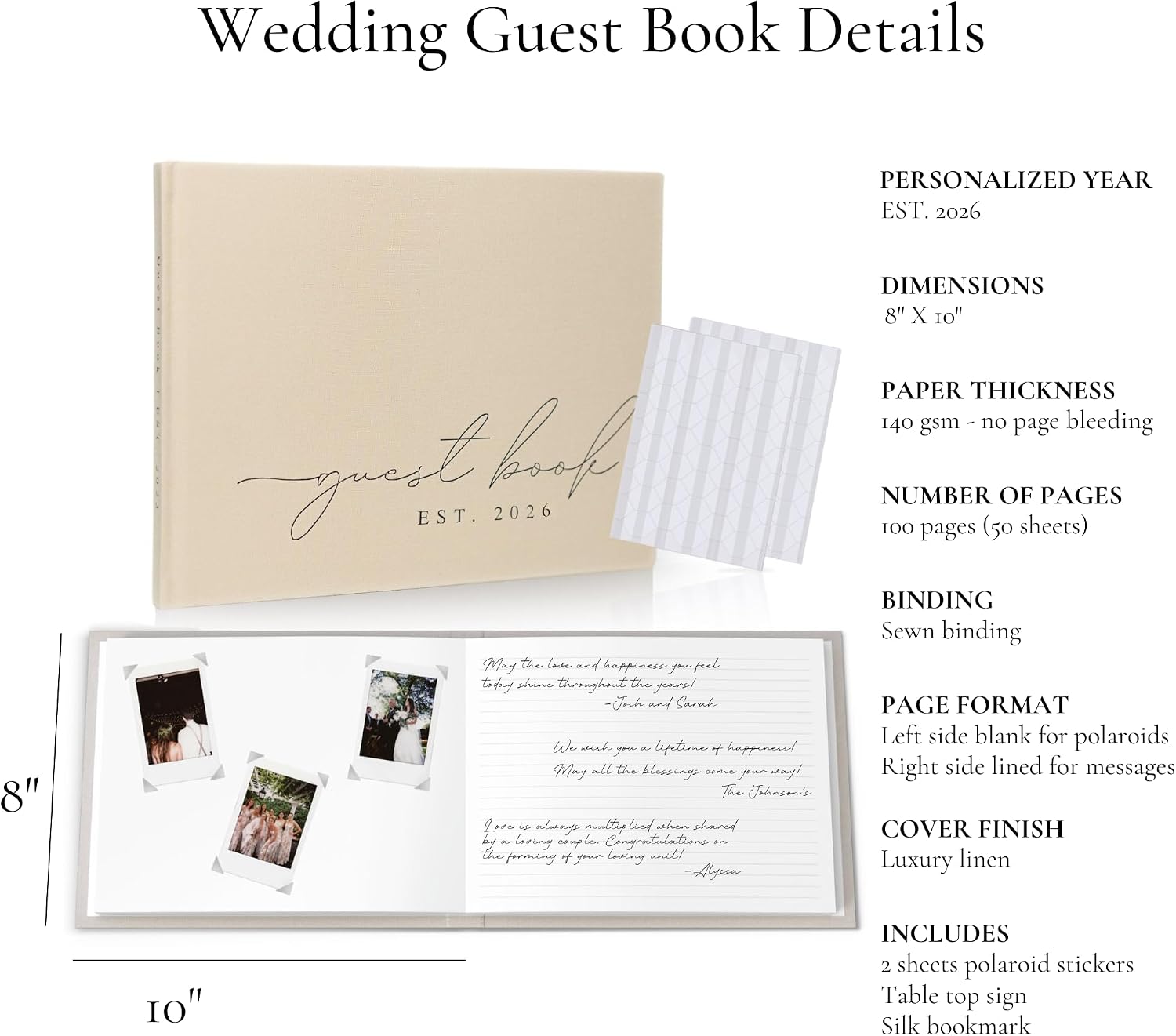 Wedding Guest Book With Personalized 2026 Year - Linen Photo Guestbook to Sign at Reception Party - Includes Clear Photo Corners Self Adhesive - 100 Pages Blank and Lined Thick Paper Guest Books