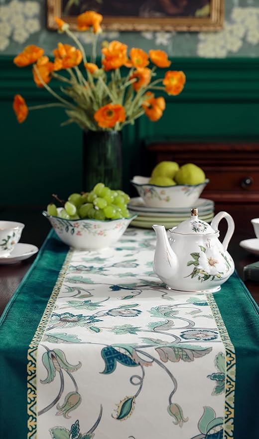 patdrea Designer Elegant French Floral Velvet Table Runner, Teal with Blossoms Pattern Table Mat, Decoration for Kitchen Dining Coffee Table Shelf Cabinet Banquet Thanksgiving,12"*71"